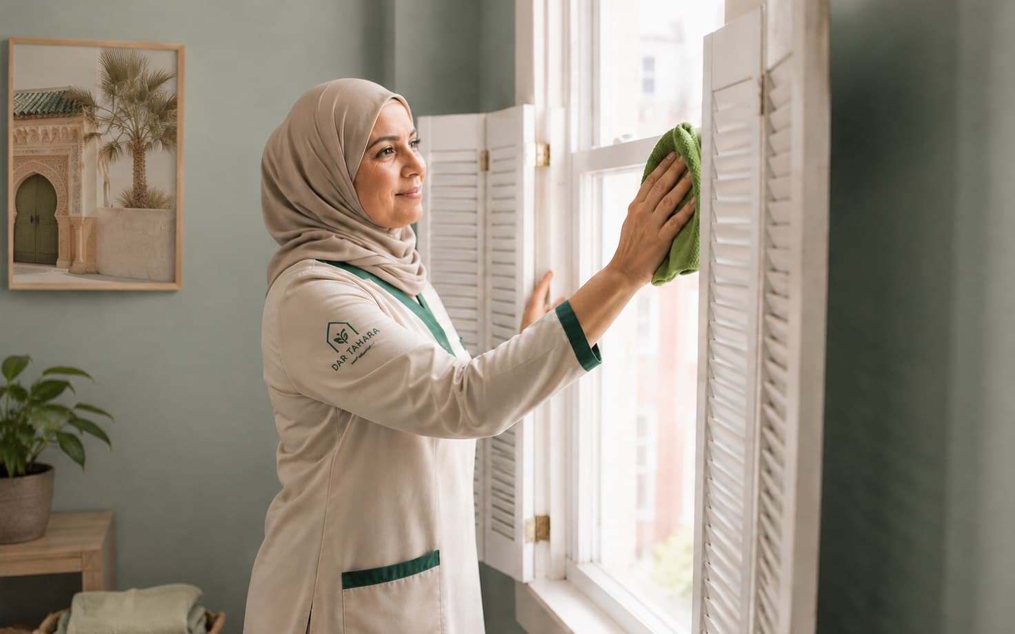 A Dar Tahara cleaning professional in branded uniform cleaning a window in a Moroccan home